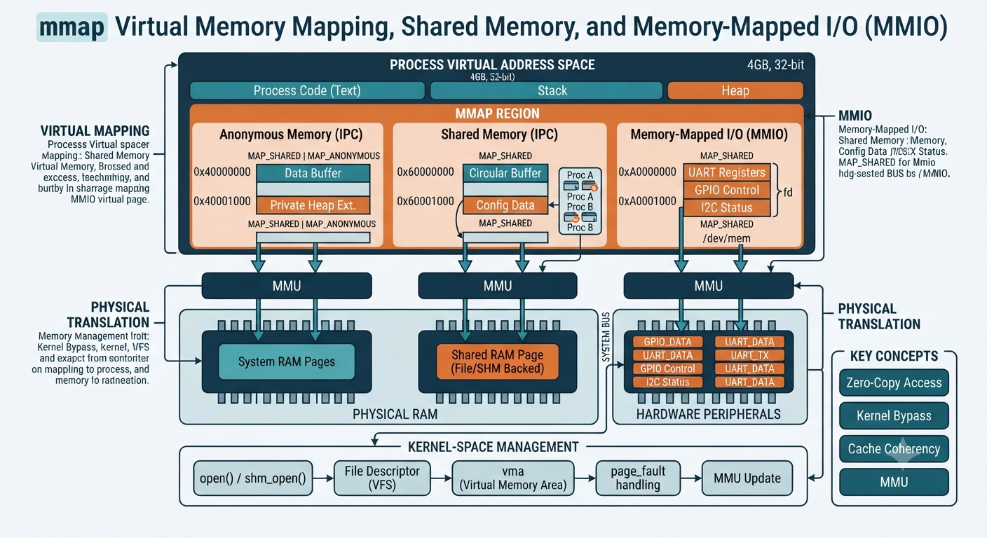 mmap — Virtual Memory Mapping, Shared Memory & MMIO