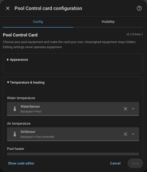 Actual Home Assistant visual card editor showing equipment selectors