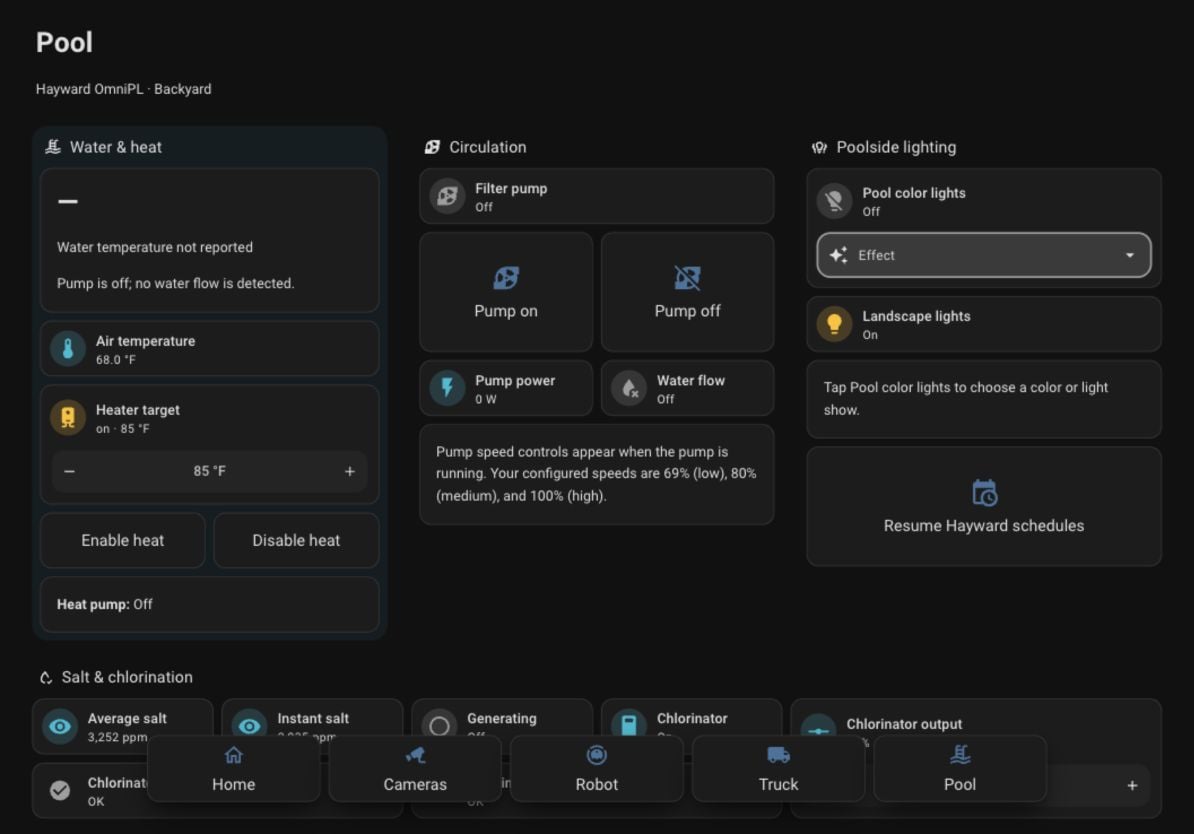 The original pool dashboard built with standard Home Assistant cards