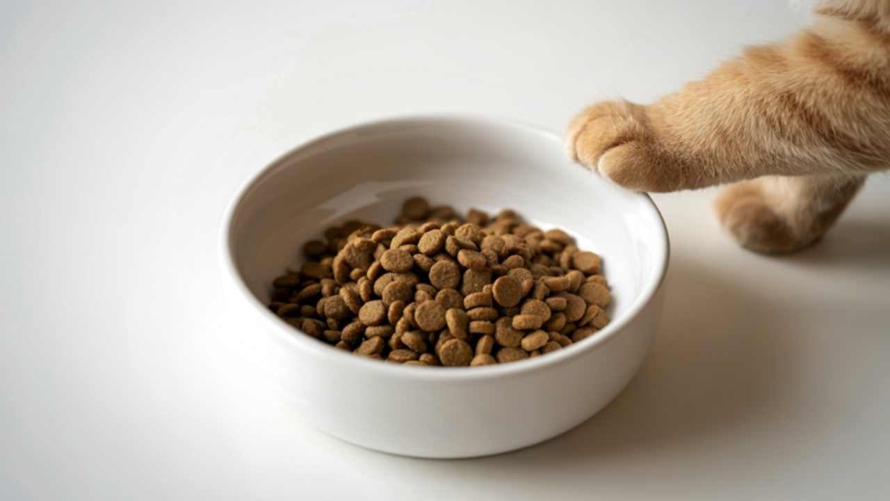 patisiyle mama kabı tutan kedi