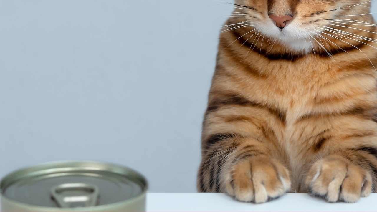 çizgili kedi ve yaş mama konservesi