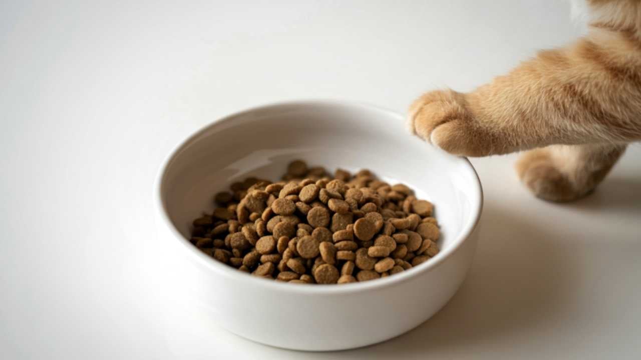 kedi patisiyle mama kabını tutuyor