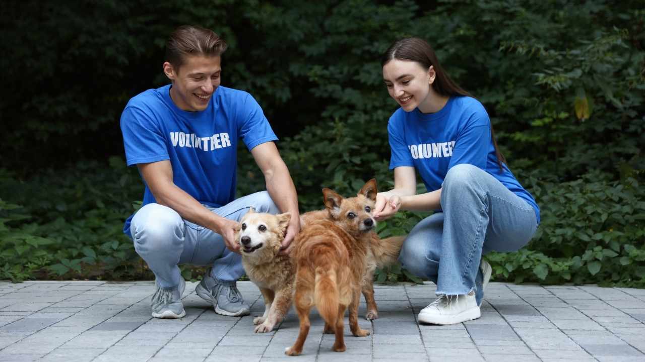iki gönüllü, sokak köpekleri ile ilgileniyor