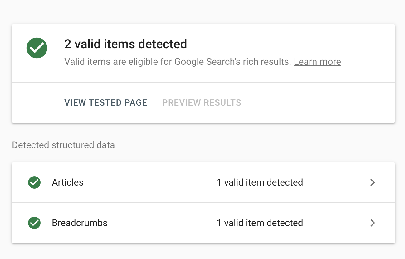Google's Rich Results Test showing 2 valid items detected for the example blog post: Articles and Breadcrumbs, with 1 valid item each