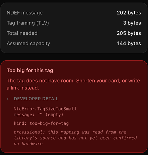 The app's write screen. A byte breakdown reads NDEF message 202 bytes, Tag framing (TLV) 3 bytes,Total needed 205 bytes, Assumed capacity 144 bytes. Below it a red card titled "Too big for thistag" expands a developer detail section showing NfcError.TagSizeTooSmall and message: "" (empty).