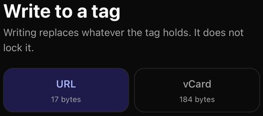 The app's Write tab. Two buttons side by side, URL showing 17 bytes and vCard showing 184 bytes, under the heading "Write to a tag" and the line "Writing replaces whatever the tag holds. It does not lock it."
