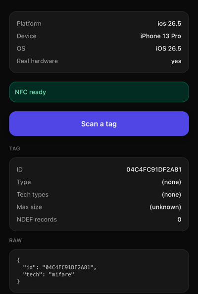 The app's Read tab after a first scan on an iPhone 13 Pro. The Tag card lists ID 04C4FC91DF2A81, Type (none), Tech types (none), Max size (unknown) and NDEF records 0, above a RAW block containing only the id and tech fields.