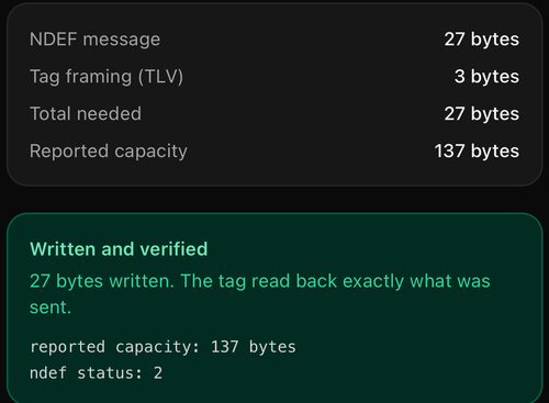 The app's write screen after a successful write. A byte breakdown reads NDEF message 27 bytes, Tagframing (TLV) 3 bytes, Total needed 27 bytes, Reported capacity 137 bytes. Below it a green cardtitled "Written and verified" reads "27 bytes written. The tag read back exactly what was sent",followed by reported capacity: 137 bytes and ndef status:2.