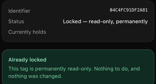 The same screen after locking. Status reads "Locked, read-only, permanently", and a green cardheaded "Already locked" reads "This tag is permanently read-only. Nothing to do, and nothing was changed."