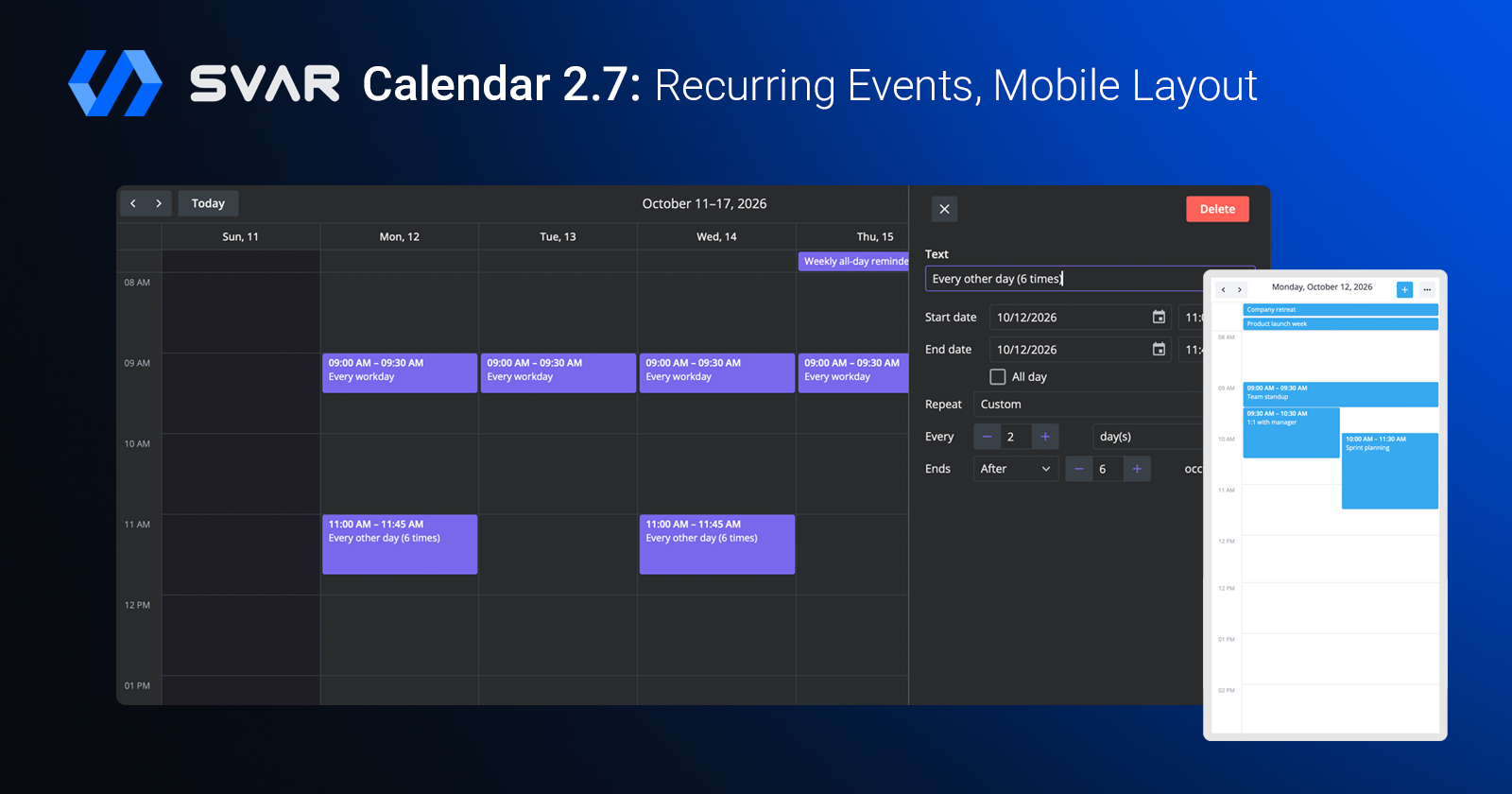 SVAR Calendar 2.7: Mobile Layout and Editable Recurring Events