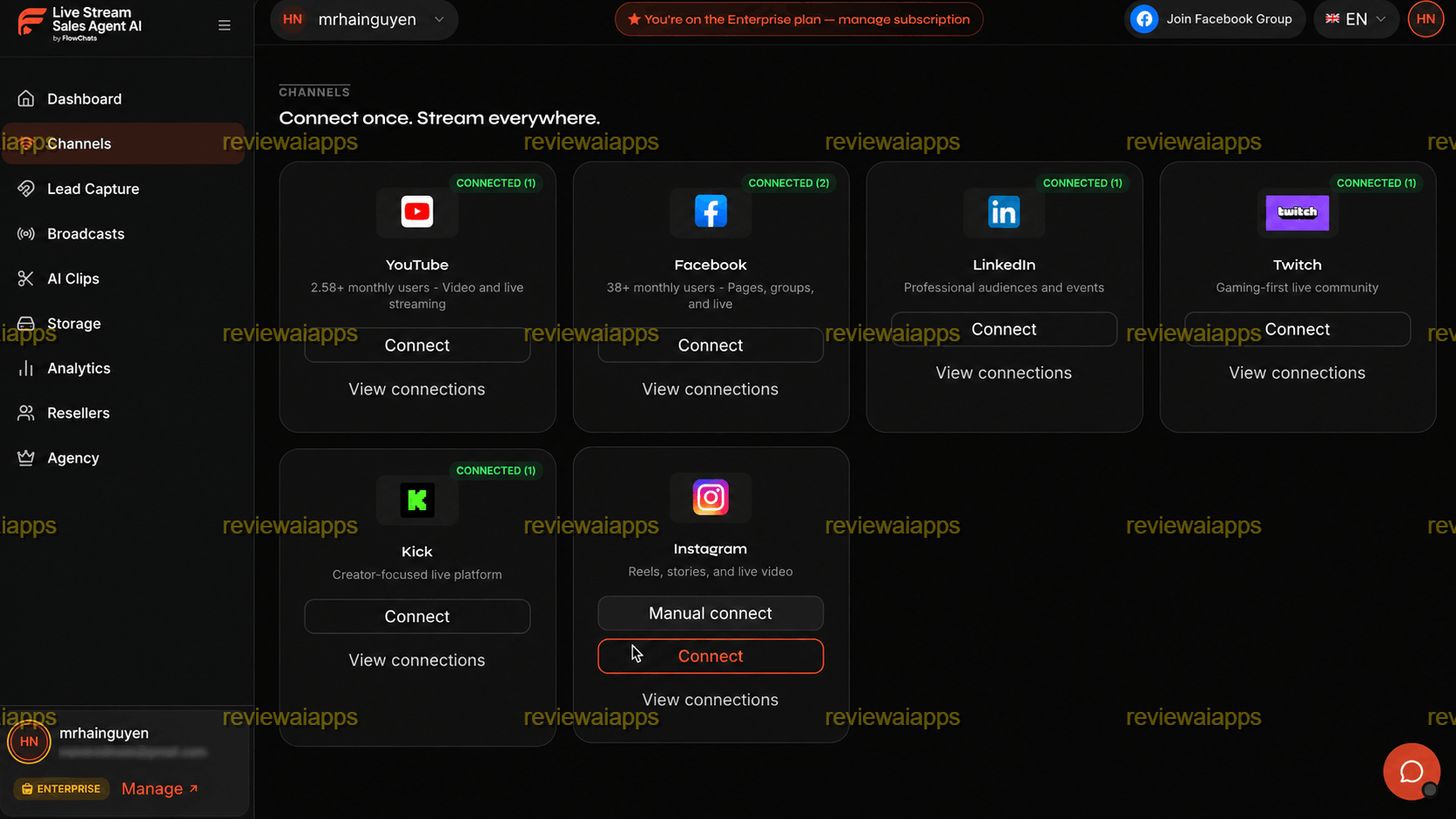 Live Streaming Sales Agent AI - Connect Social Channels