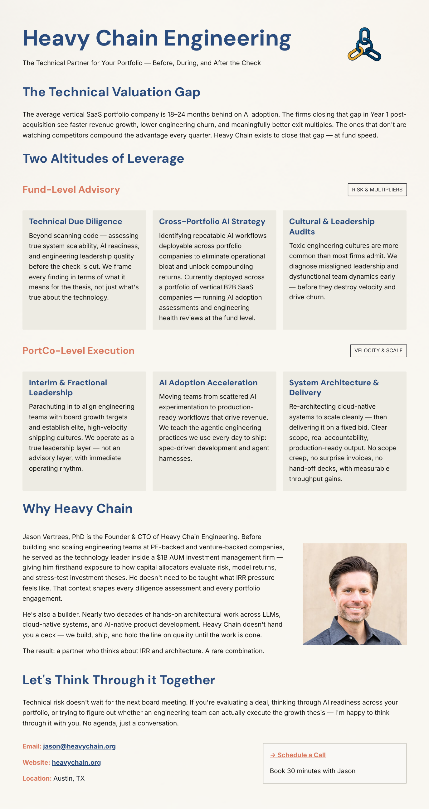 Screenshot: the Heavy Chain Engineering one-pager before, a long page of small cards with identical weight and drop shadows.