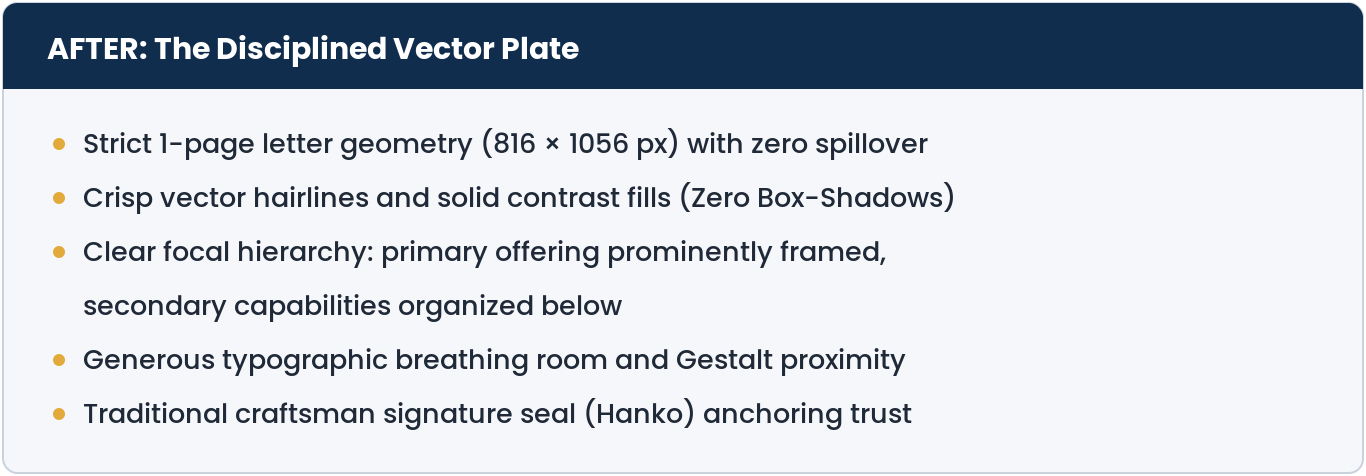 After: The Disciplined Vector Plate. Strict 1-page letter geometry (816 × 1056 px) with zero spillover; crisp vector hairlines and solid contrast fills (zero box-shadows); clear focal hierarchy: primary offering prominently framed, secondary capabilities organized below; generous typographic breathing room and Gestalt proximity; traditional craftsman signature seal (Hanko) anchoring trust.