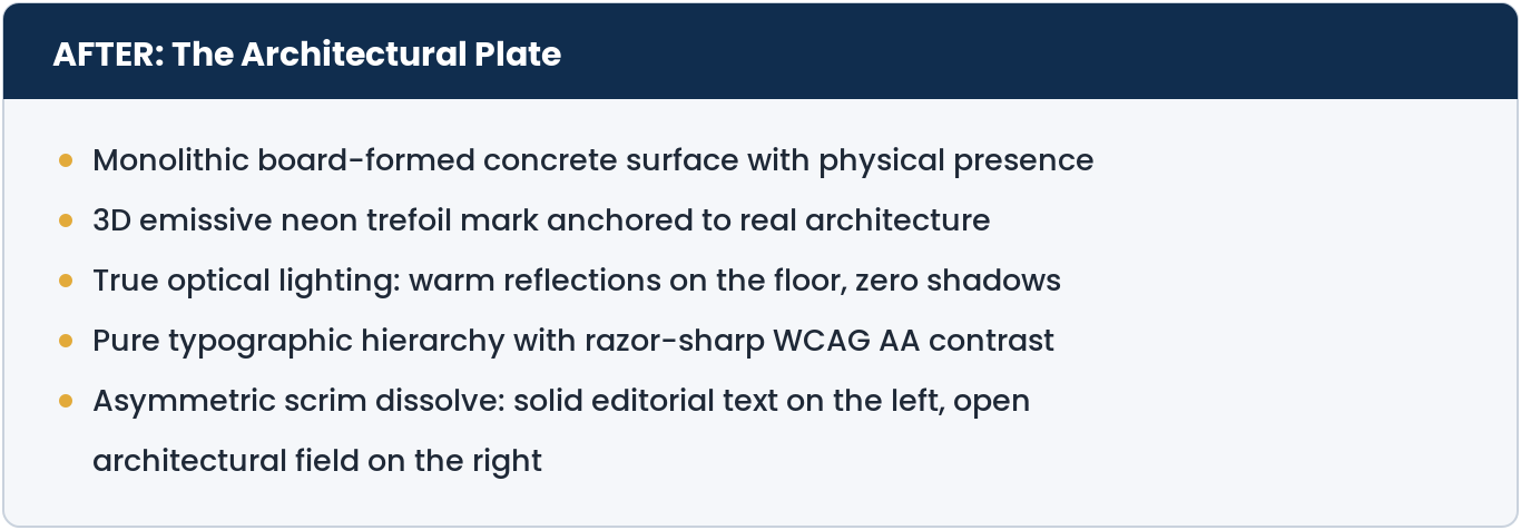 After: The Architectural Plate. Monolithic board-formed concrete surface with physical presence; 3D emissive neon trefoil mark anchored to real architecture; true optical lighting: warm reflections on the floor, zero shadows; pure typographic hierarchy with razor-sharp WCAG AA contrast; asymmetric scrim dissolve: solid editorial text on the left, open architectural field on the right.