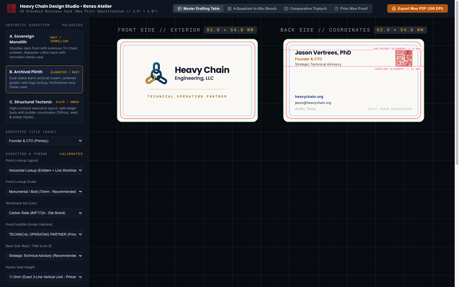 Screenshot: Heavy Chain Design Studio's Master Drafting Table for a US standard business card. Left panel: three aesthetic directions (A Sovereign Monolith, B Archival Plinth, C Structural Tectonic) and Direction B tuning controls. Canvas: the card's front (Heavy Chain Engineering lockup, Technical Operating Partner) and back (Jason Vertrees, PhD, Founder & CTO, contact details, red hanko seal) with cap-height and baseline alignment guides.