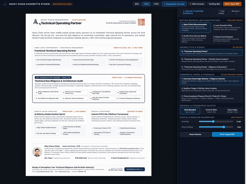 Screen recording: the Design Studio workbench with a one-pager on the left and Renzo’s design console on the right, clicking through candidate options as the page updates.