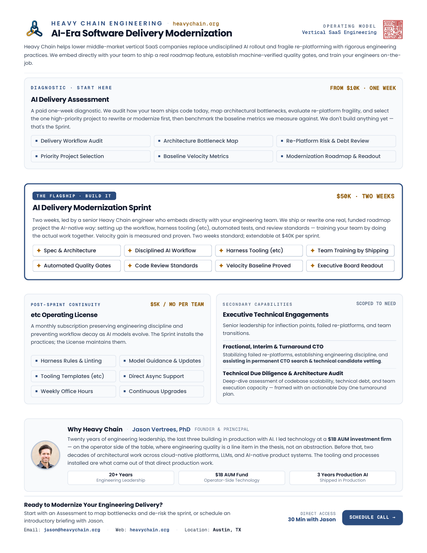 Screenshot: the Heavy Chain Engineering one-pager after, a single letter page with a framed flagship offering, organized secondary capabilities, and a red hanko seal.