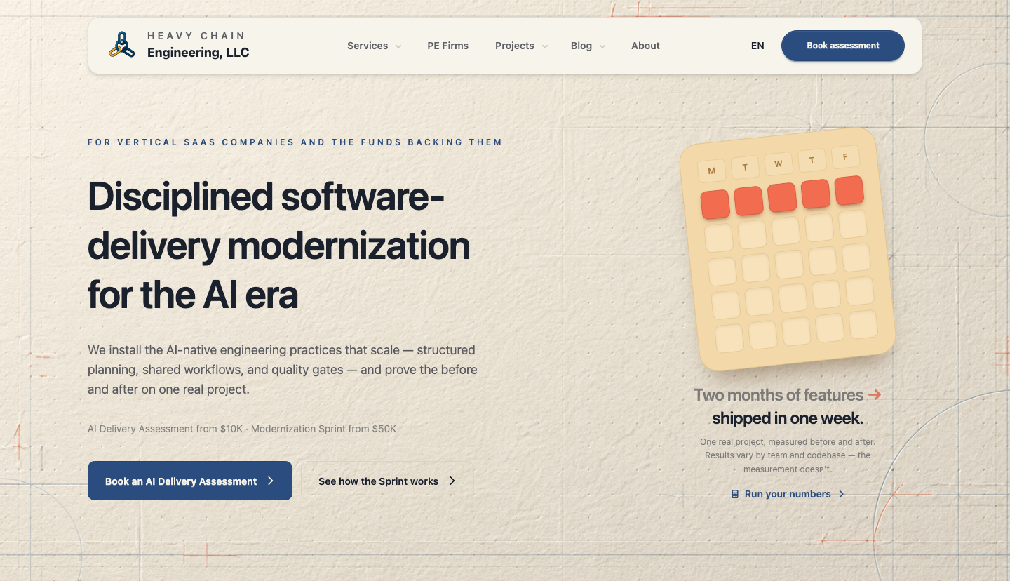 Screenshot: the heavychain.org homepage hero before, on a drafting-paper grid background with a tilted calendar card and the headline "Disciplined software-delivery modernization for the AI era".