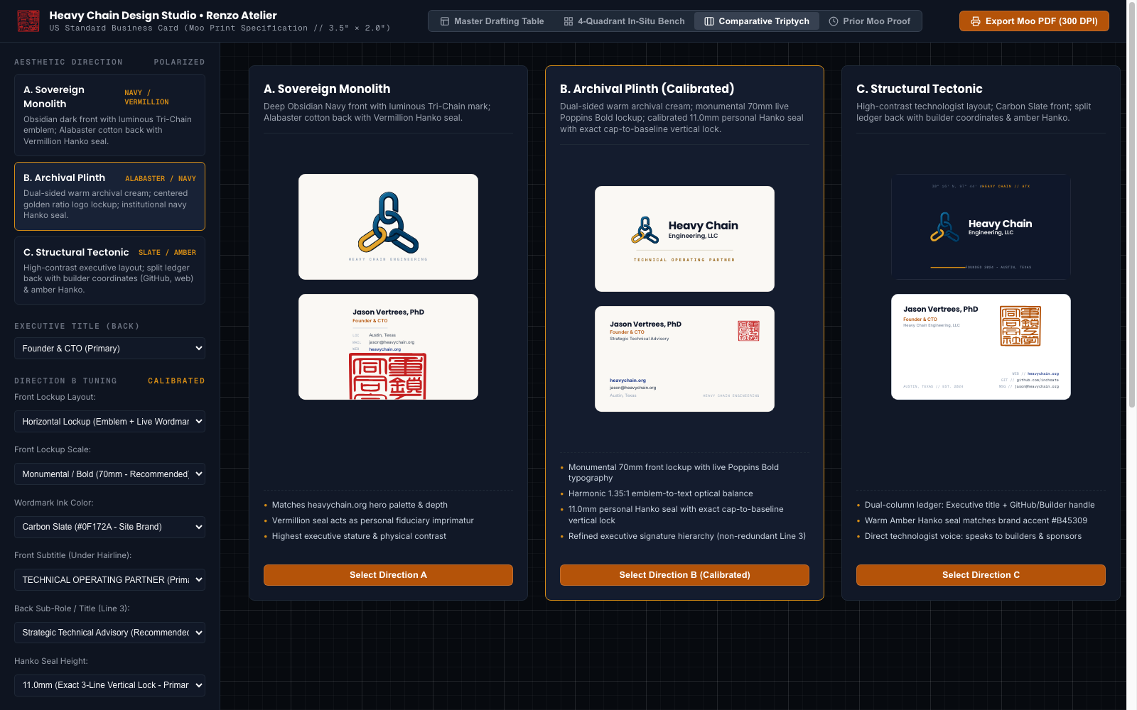 Screenshot: the Comparative Triptych, showing business-card directions A Sovereign Monolith, B Archival Plinth (Calibrated), and C Structural Tectonic side by side, front and back, each with trade-off notes and a Select Direction button.