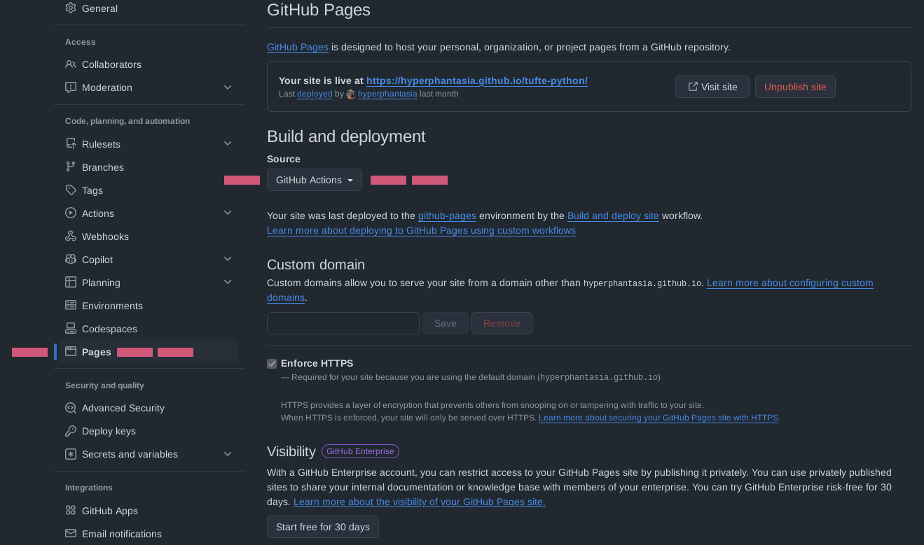 GitHub pages section screenshot showing the GitHub actions source to deploy correctly.