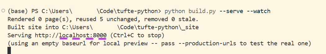 Terminal of a deployed instance of tufte-python showing the localhost.