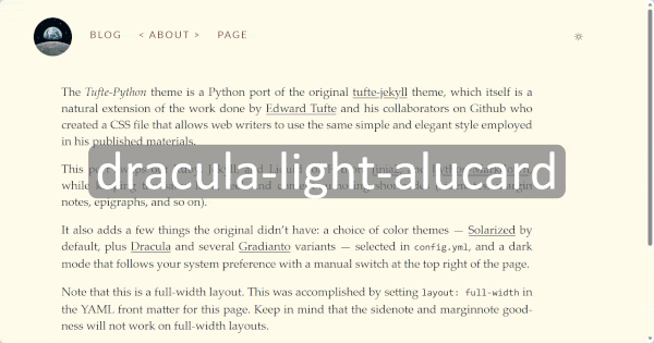 Tufte python ssg animated screenshot of the available accessible themes.  