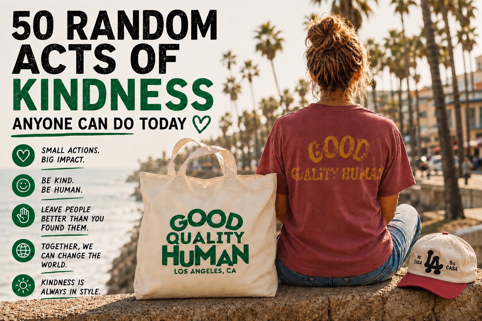 Good Quality Human "50 Random Acts of Kindness" campaign graphic next to a tote bag, tee, and Mi Casa Su Casa cap on the Malibu coast