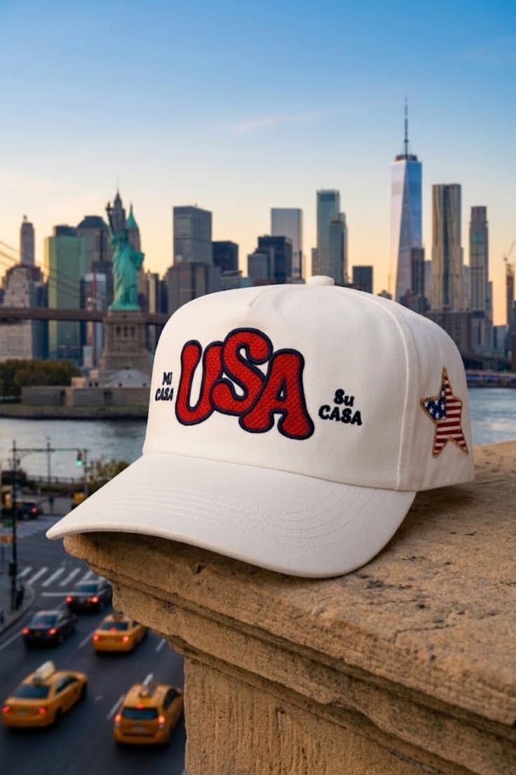 Good Quality Human "Mi Casa Su Casa USA" trucker hat perched on a ledge overlooking the New York City skyline