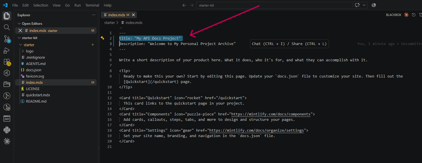 Making small changes to a file template in Mintlify