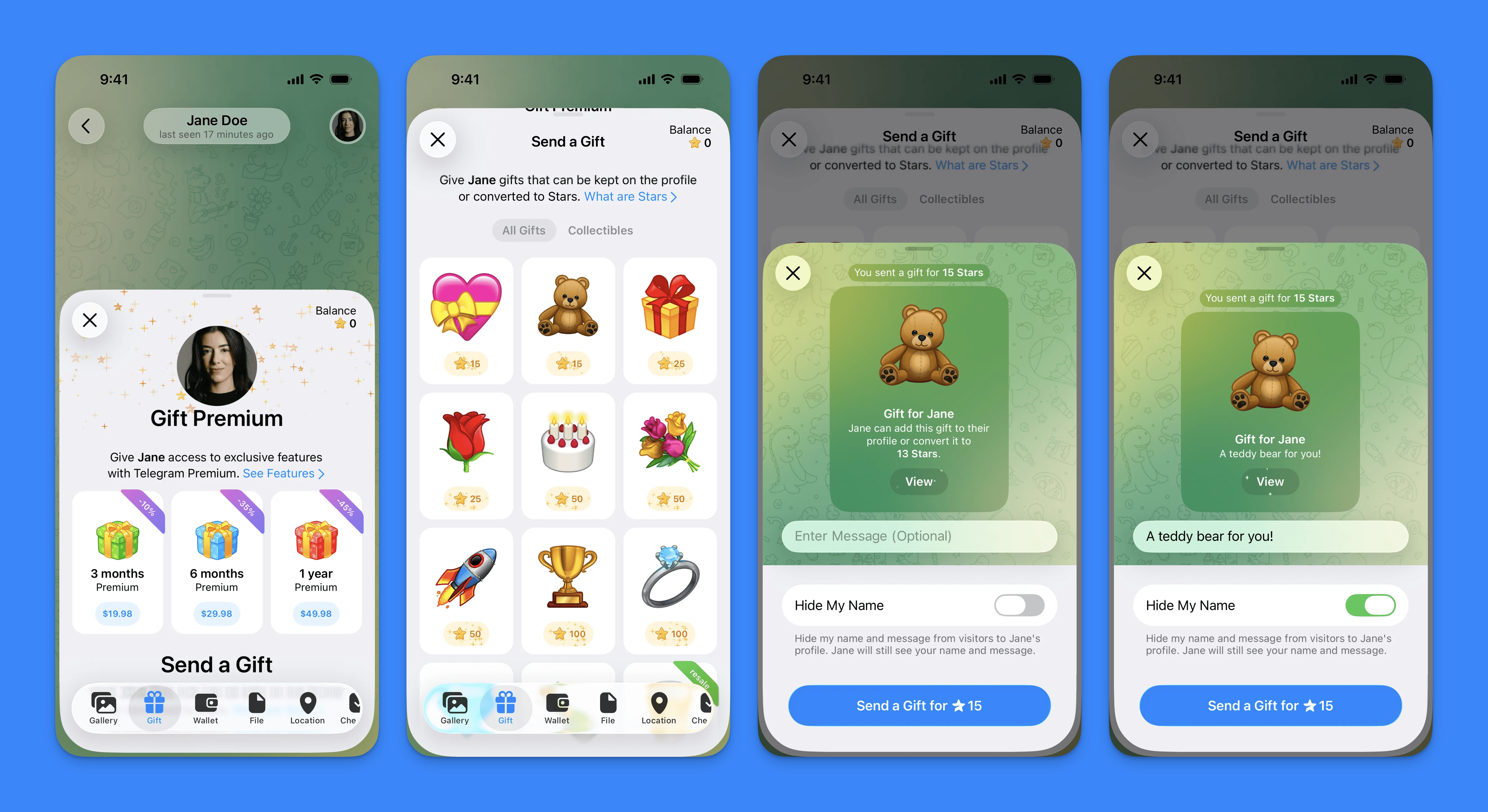 Four Telegram screens: a Gift Premium sheet priced at three, six and twelve months; a gift catalogue grid priced from 15 to 100 Stars; a send sheet with the Hide My Name toggle off; and the same sheet with Hide My Name switched on