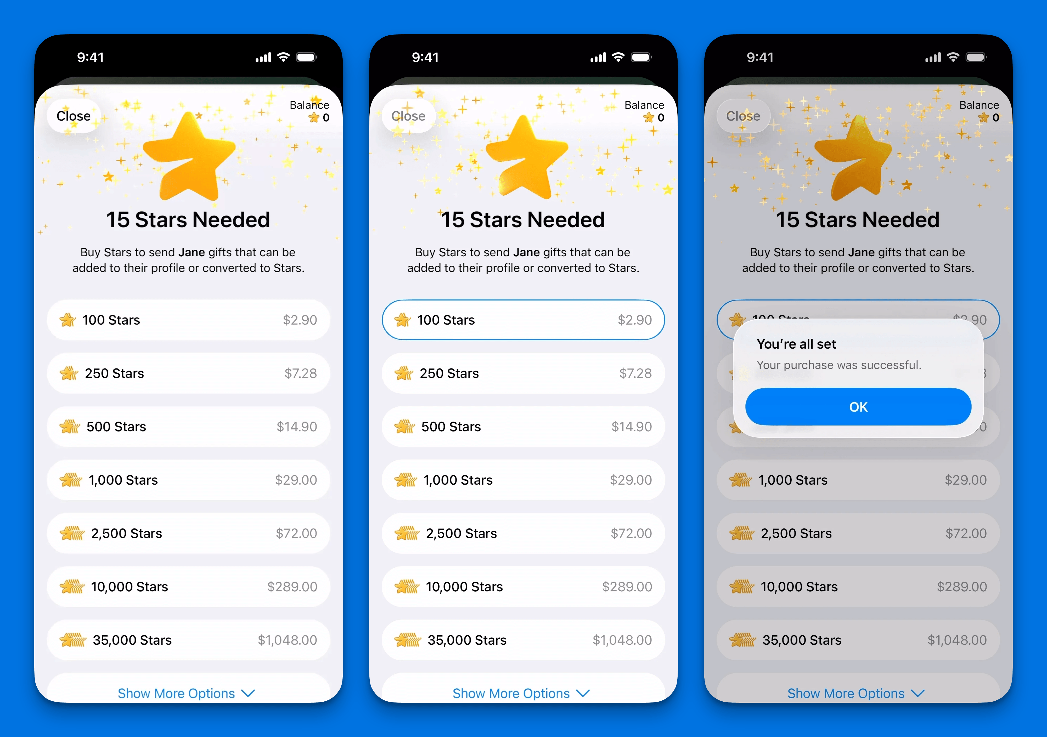 A Telegram chat thread where a gift arrives behind confetti, labelled You sent a gift for 15 Stars, showing a teddy bear card reading Gift for Jane with a View button