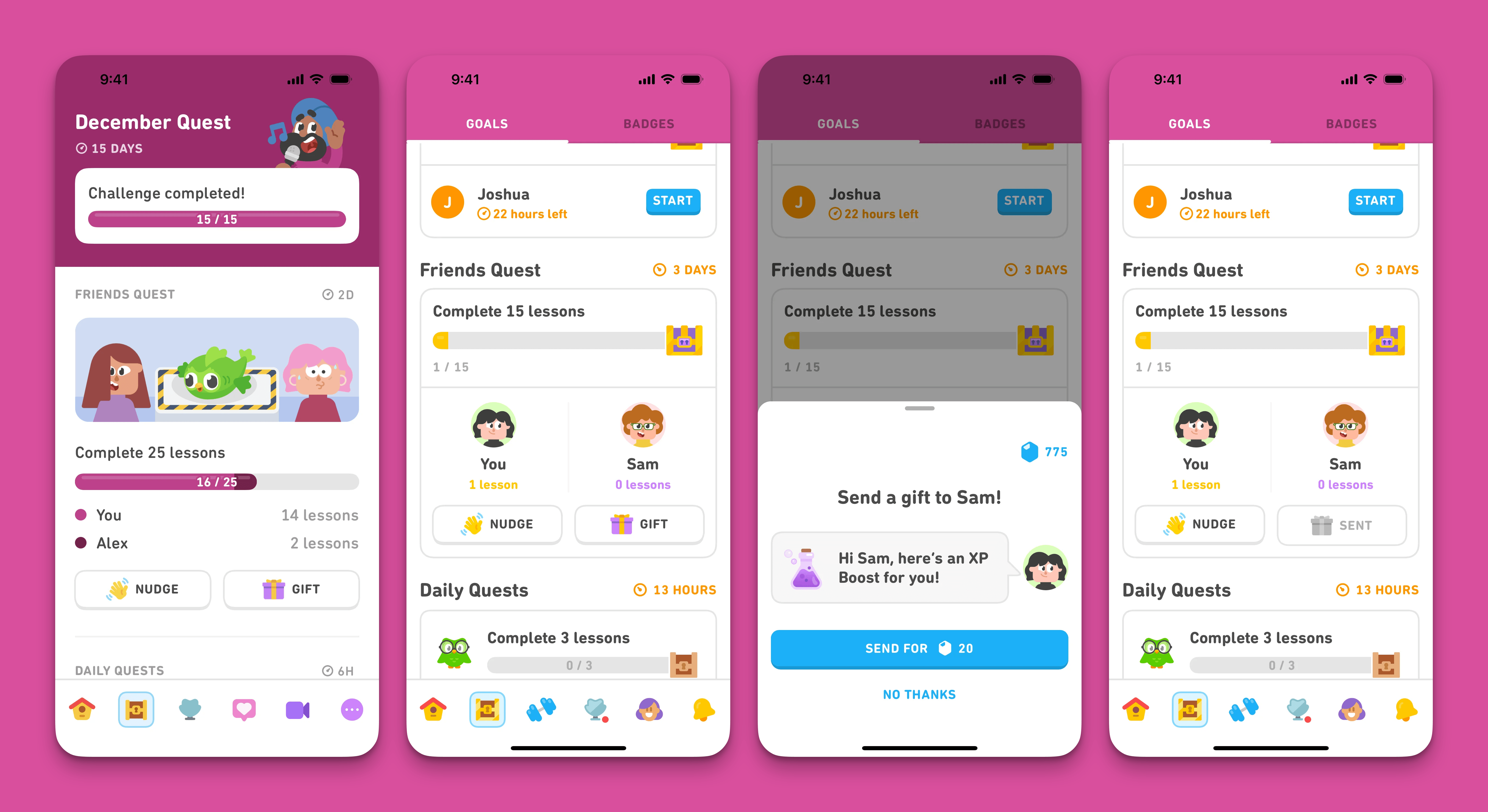 Two Duolingo Friends Quest screens showing a shared lesson target with each person's contribution beside their avatar, one learner well ahead of the other, and NUDGE and GIFT buttons underneath