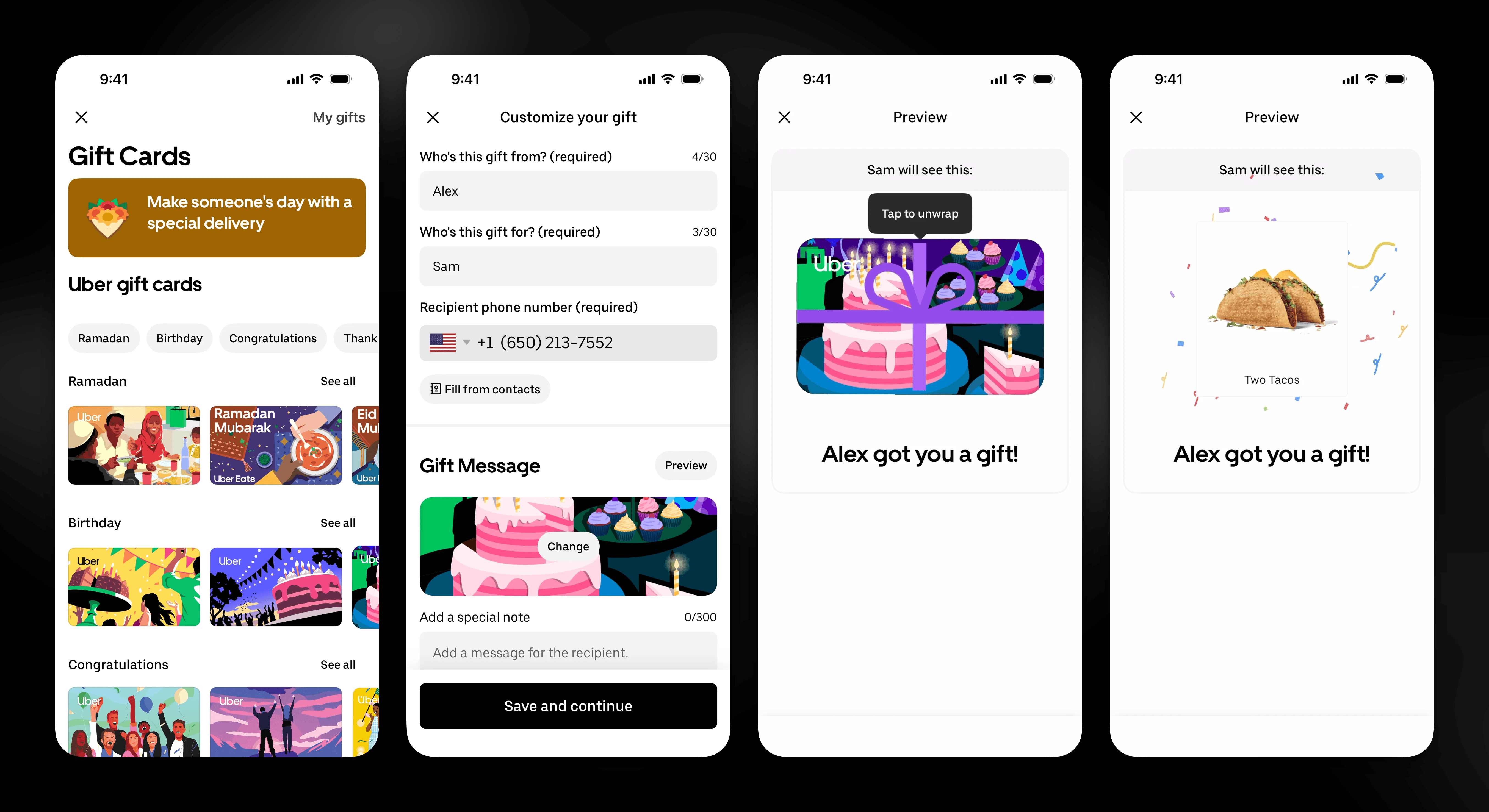 Four Uber Eats screens: a gift card catalogue with tabs for Ramadan, Birthday, Congratulations and Thank You; a Customize your gift form asking who the gift is from, who it is for and the recipient's phone number; a preview reading Tap to unwrap; and the unwrapped preview reading Alex got you a gift
