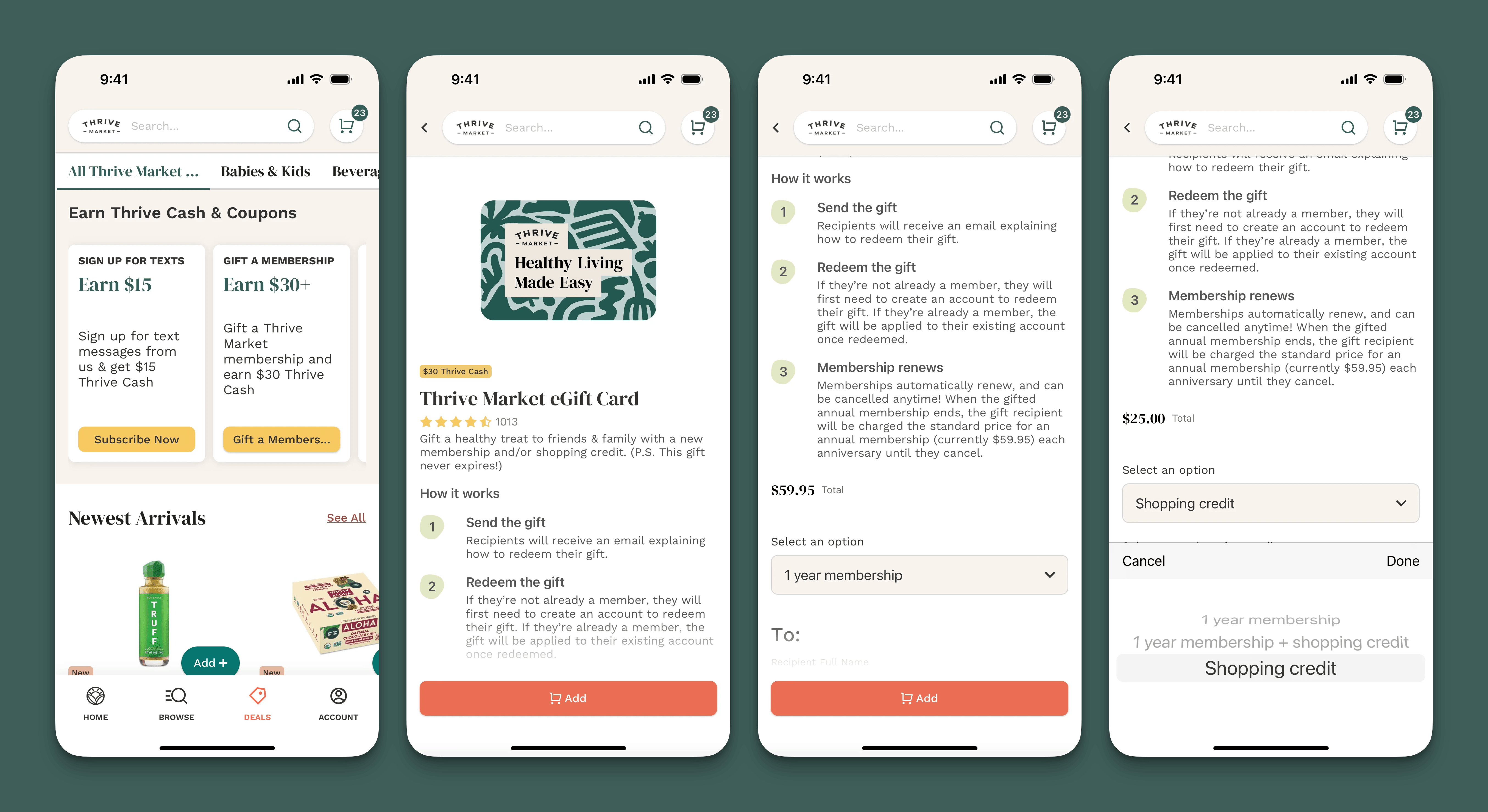 Four Thrive Market screens: an Earn Thrive Cash panel offering $30 for gifting a membership; an eGift Card product page noting the gift never expires; the How it works terms explaining that a recipient who is not already a member must create an account to redeem; and a total switching between a $59.95 membership and $25.00 of shopping credit
