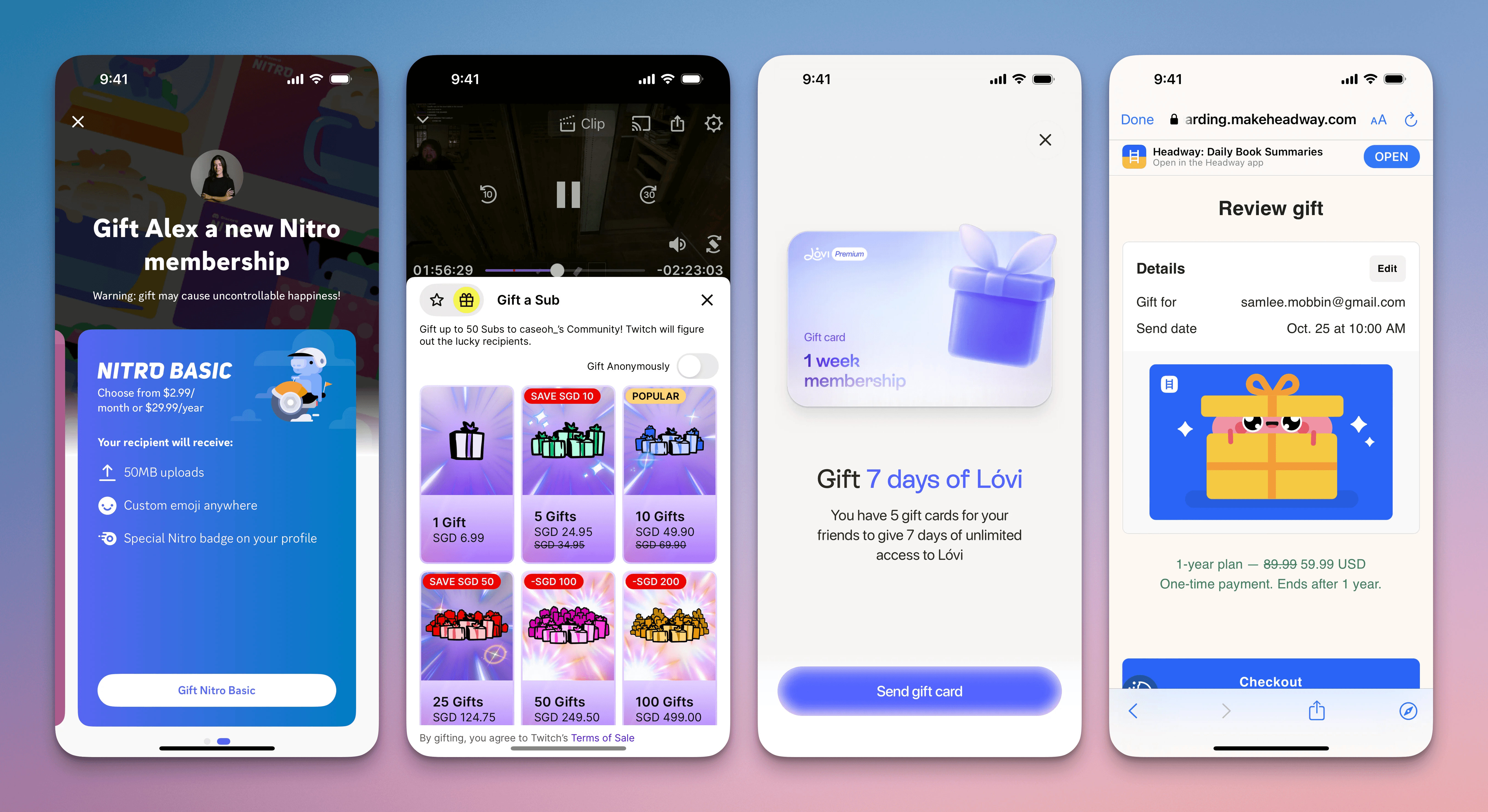 Four subscription gifting screens: Discord offering a Nitro membership as a gift, Twitch's Gift a Sub bundles with a Gift Anonymously toggle, Lovi offering seven days of membership as a gift card, and Headway's Review gift screen showing the recipient's email and a send date of 25 October at 10:00