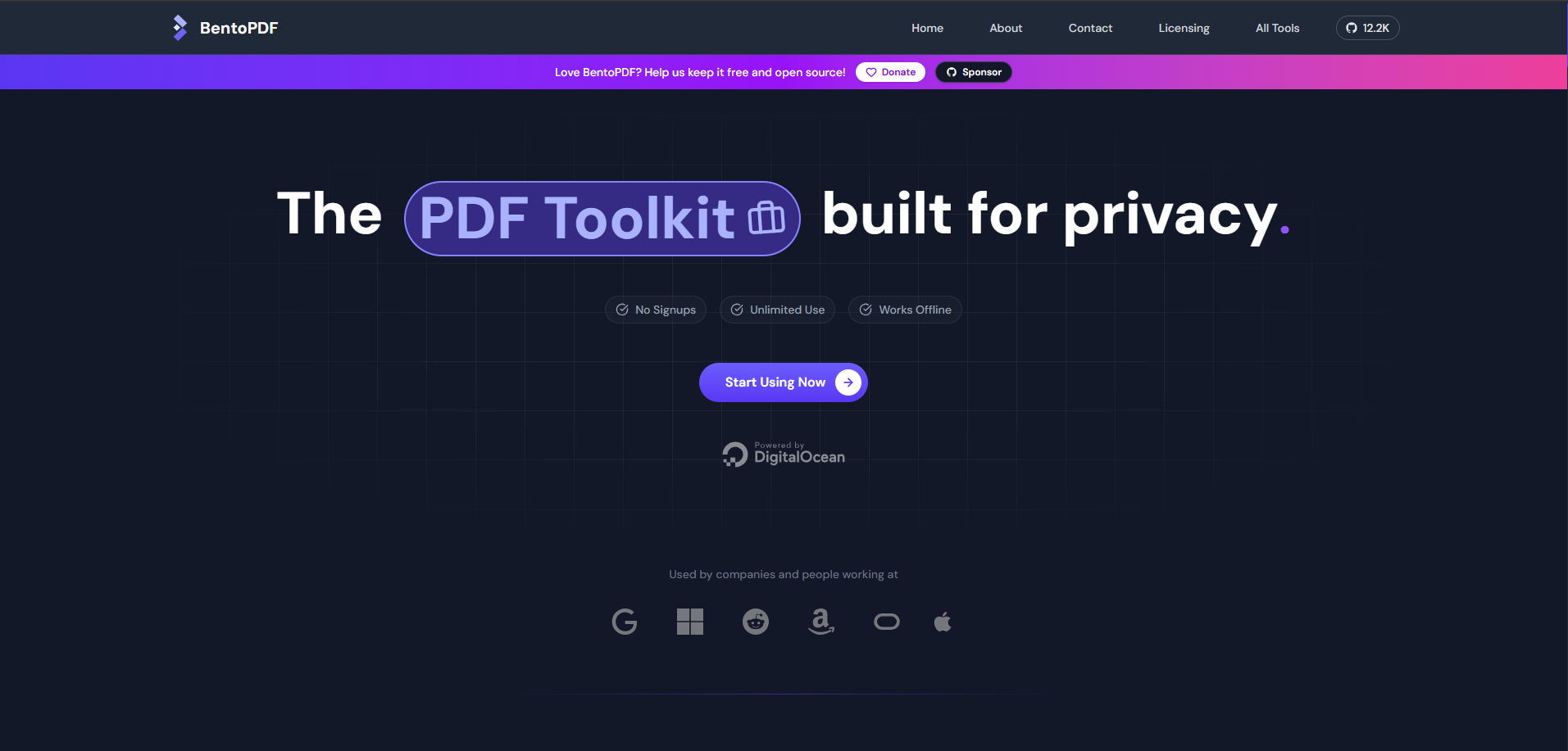 Screenshot of the main page of Bento PDF. The text "The PDF Toolkit built for privacy"