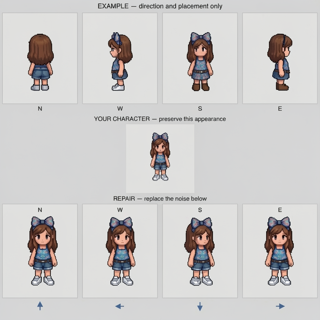 Experiment 417: noise removed, but bottom N W S E cells contain near-front-facing duplicates