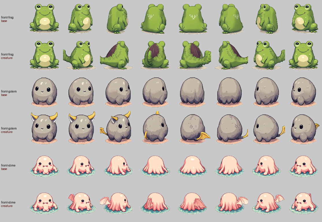 Base prompt vs creature prompt for frog, golem and slime