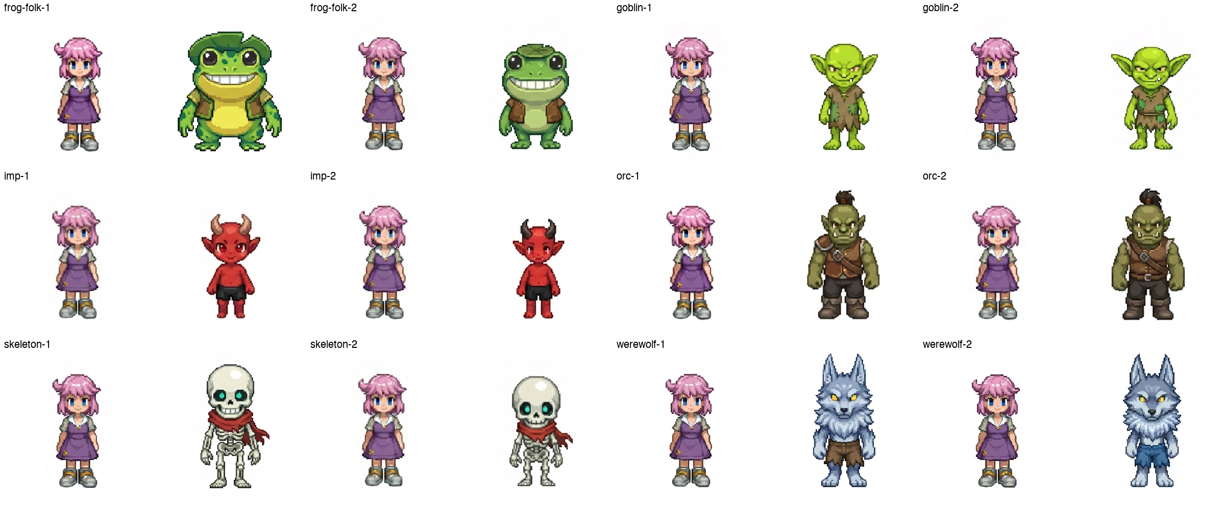 Twelve Nano Banana Pro designs, each drawn into the original template next to an existing character for scale.