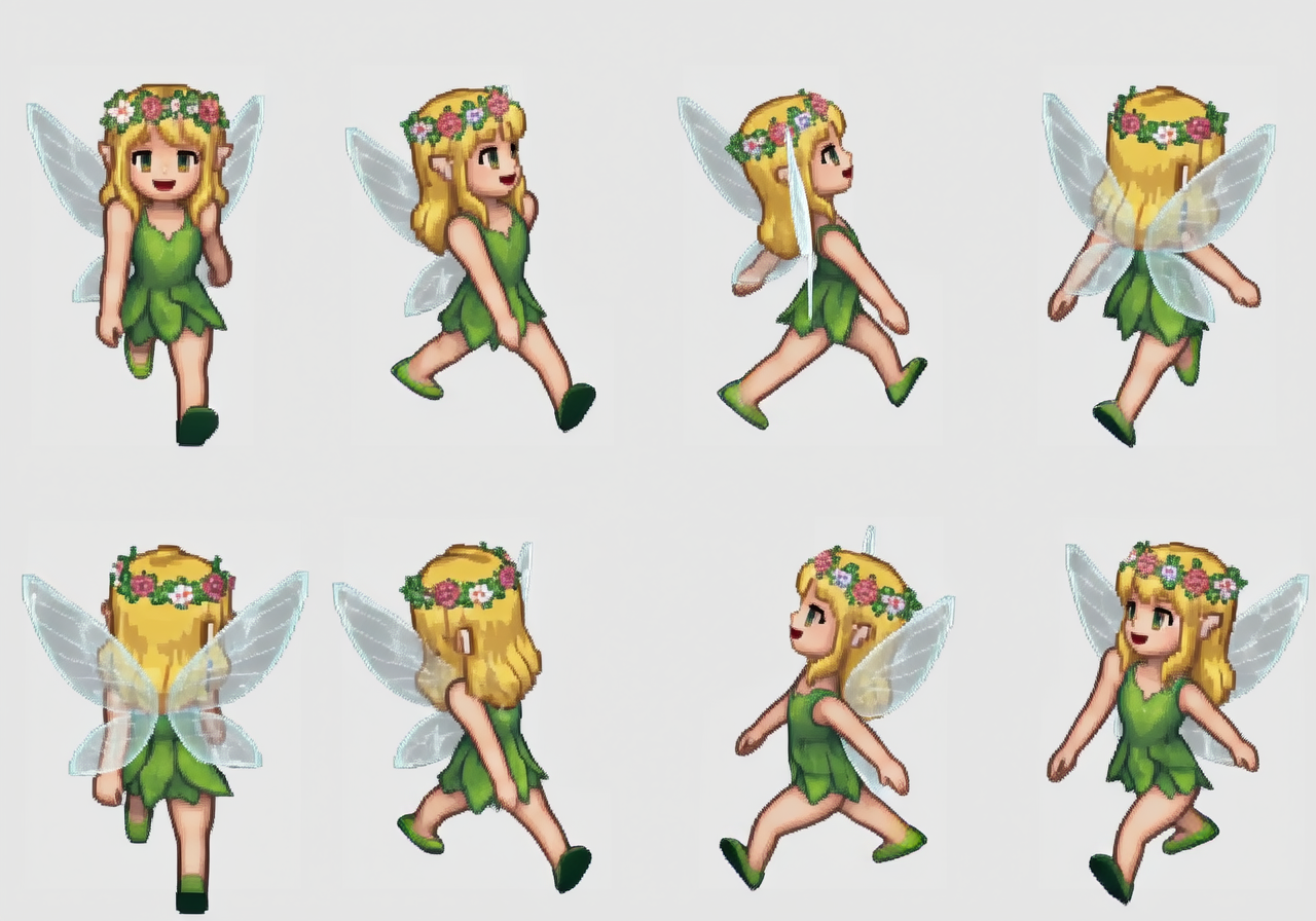 Rejected WAN output, frame 30: eight fairy views with exaggerated leg extension