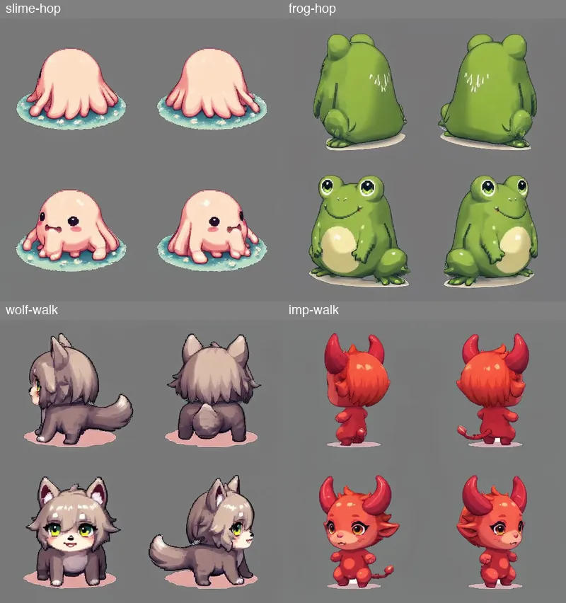 Slime hop, frog hop, wolf walk and imp walk