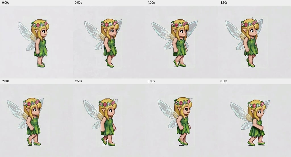 Half-second samples showing pose and facing changes in the first Seedance test