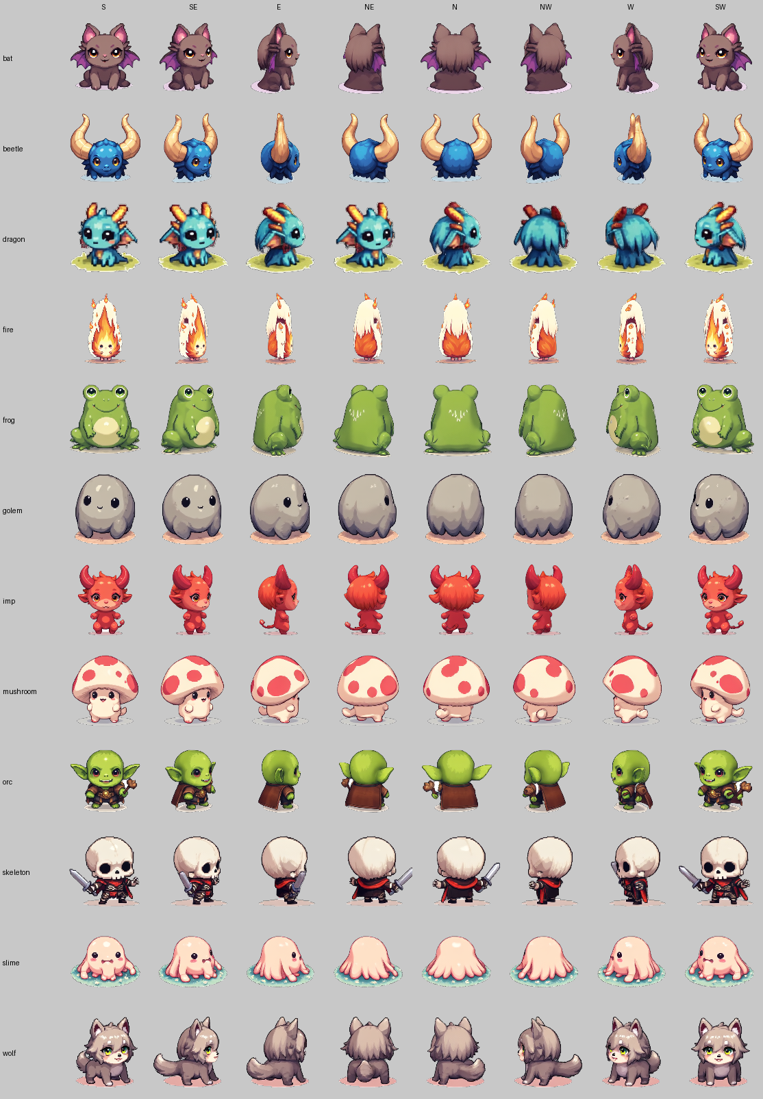 Eight directions for each of the 12 monsters