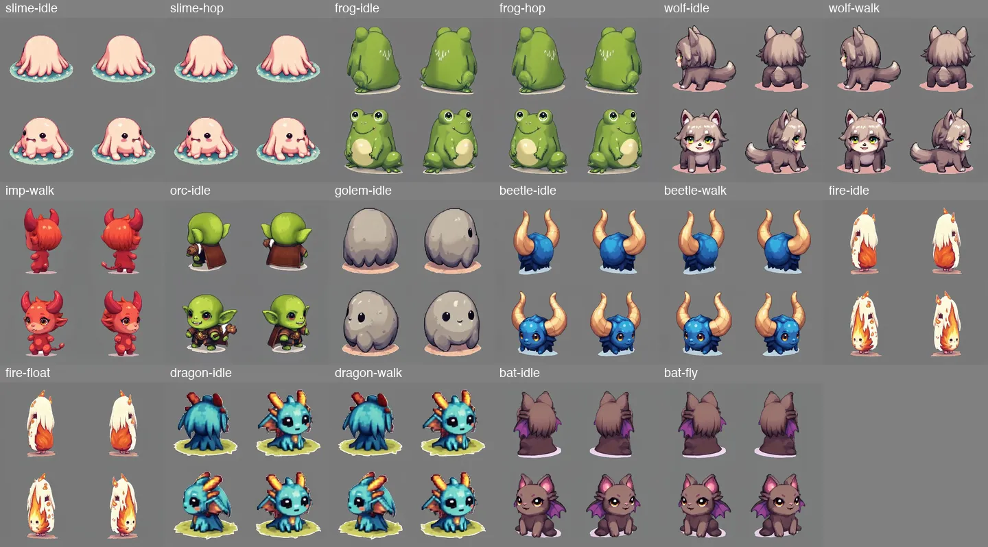 17 Seedance clips of 12 chibi monsters, four directions each