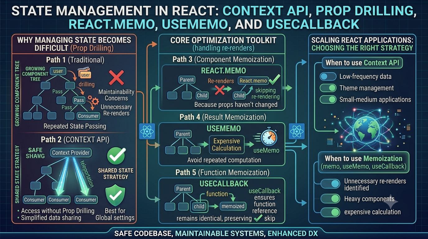 State Management: Context API, Prop Drilling, React.memo, useMemo, and useCallback