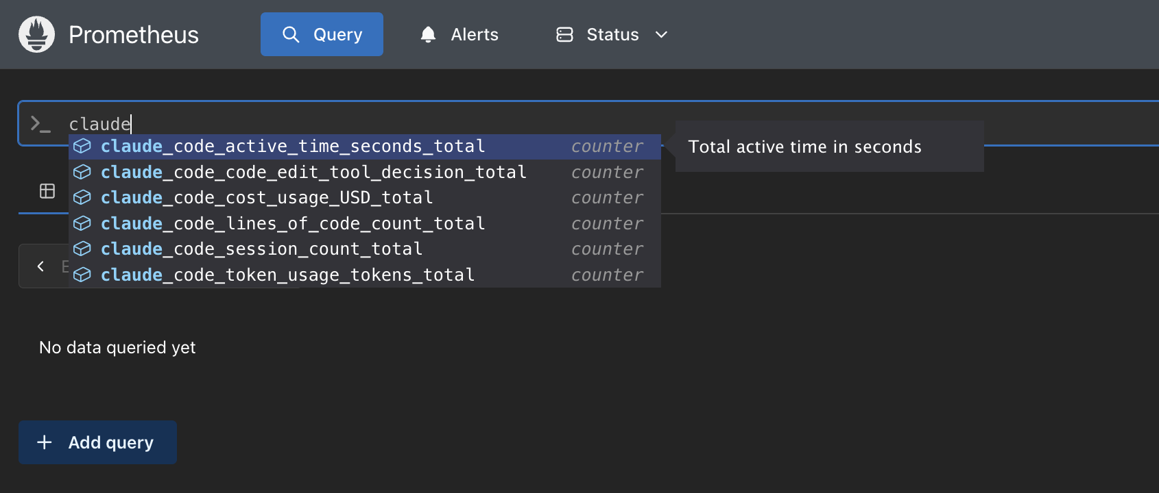 Available Claude Code metrics of counter type in Prometheus.