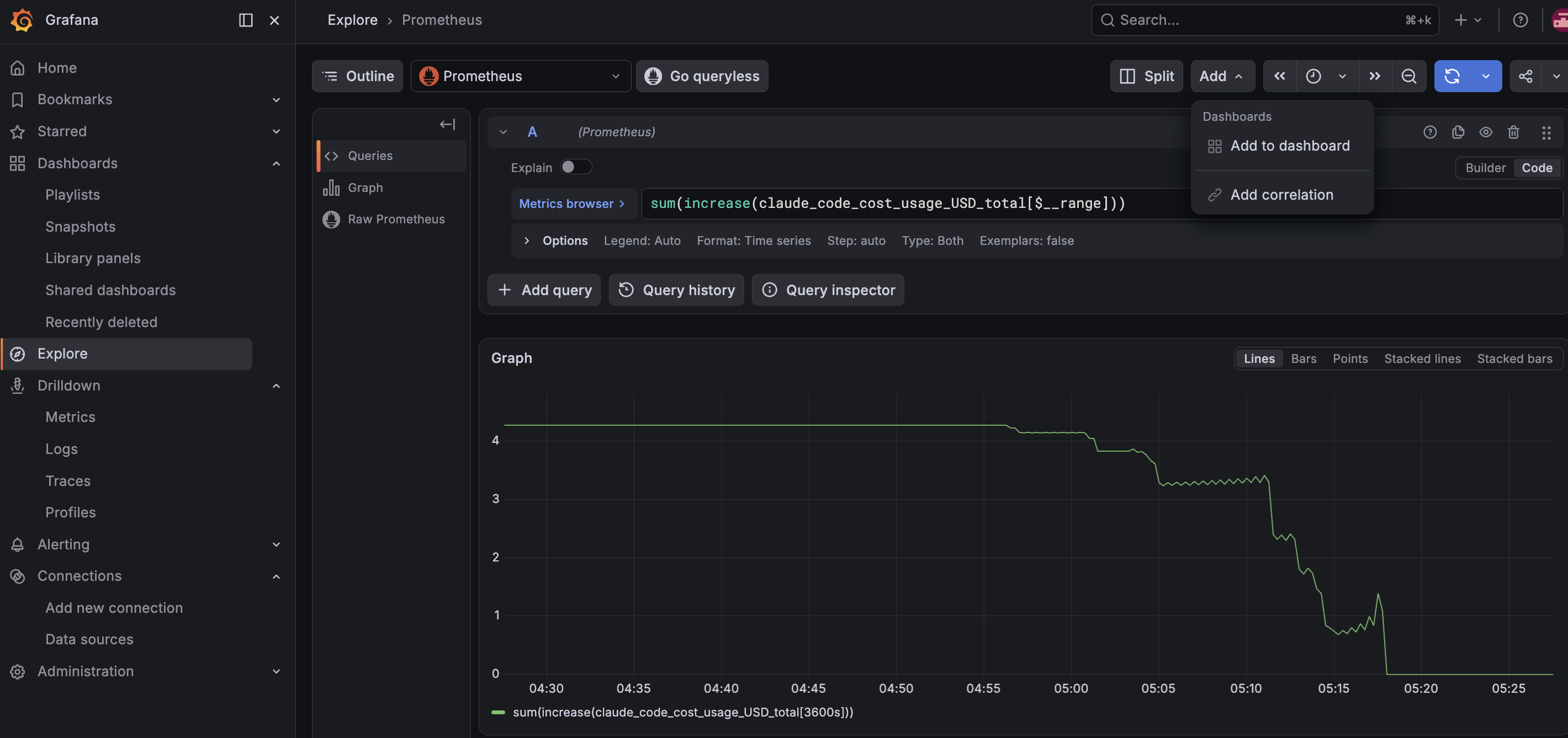 Grafana USD Total Stat - Metrics explorer view of the query.