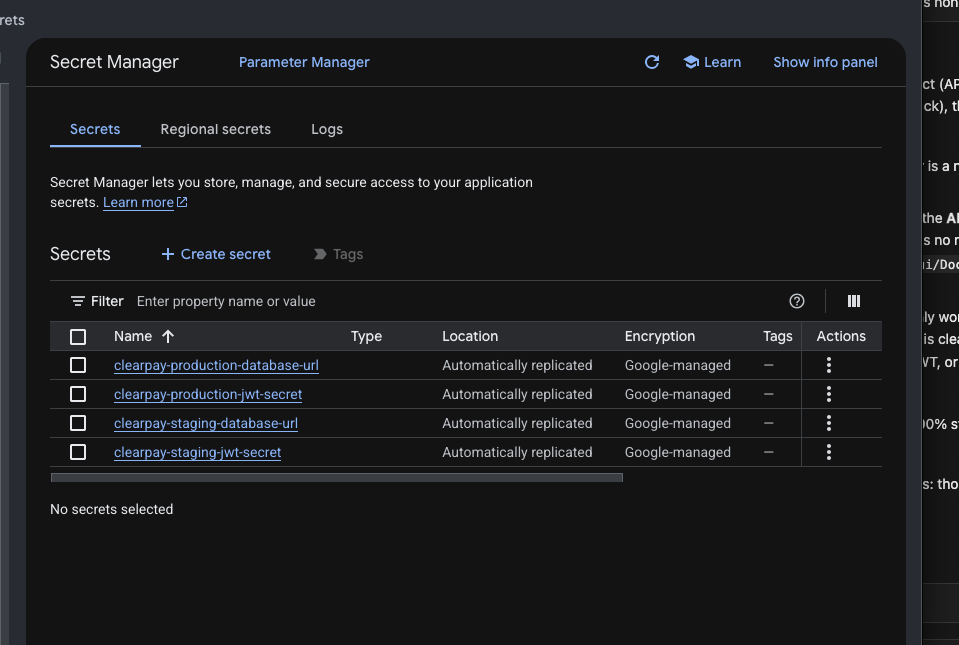 image showing list of secrets created on ur gcp console