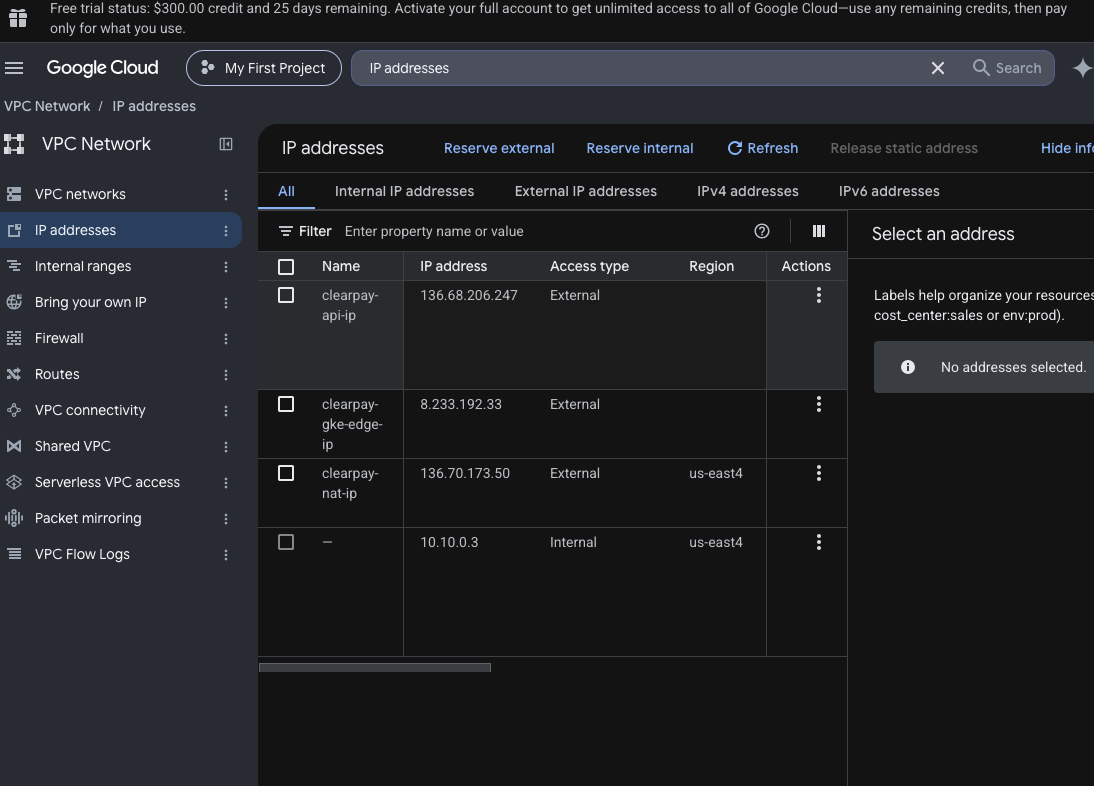 image showing IP addresses on gcp console