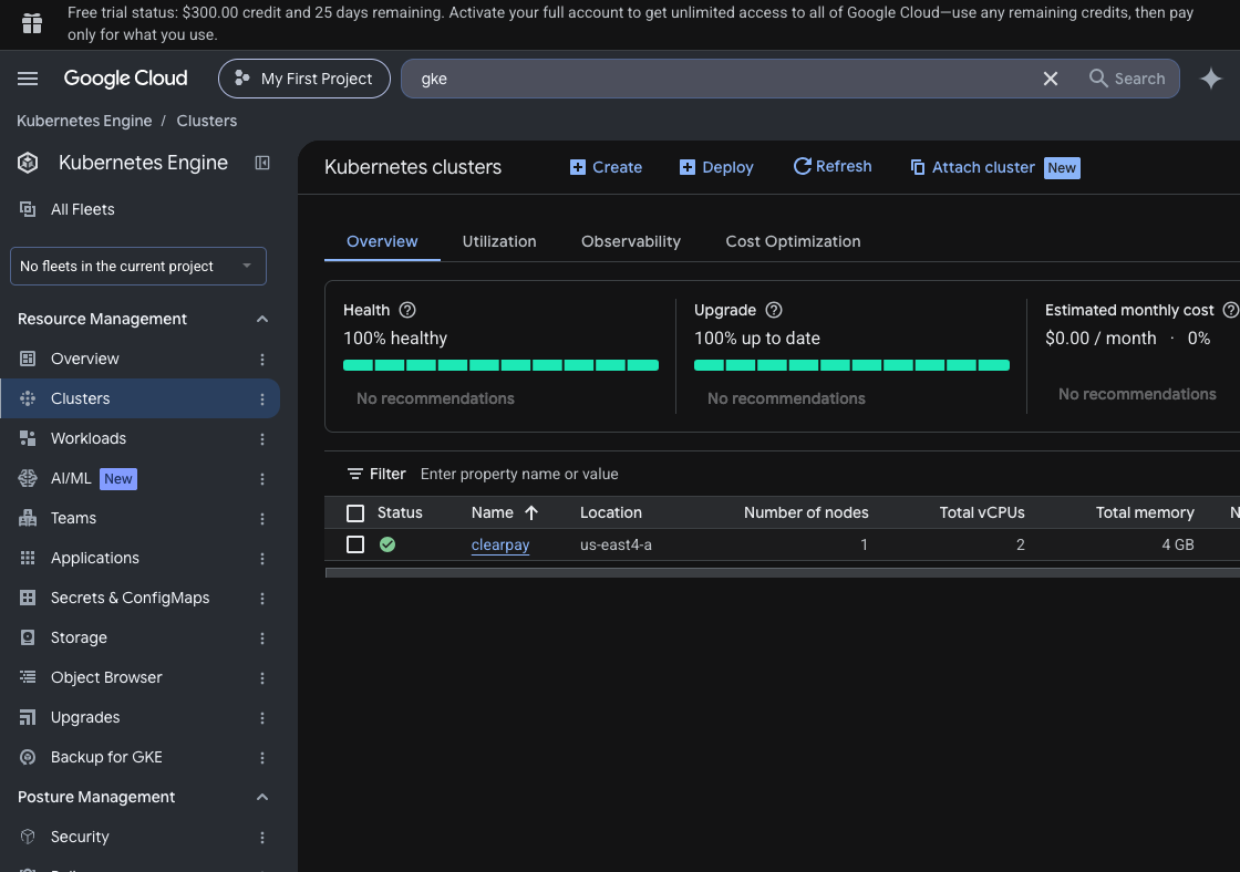 image showing gke created in the console
